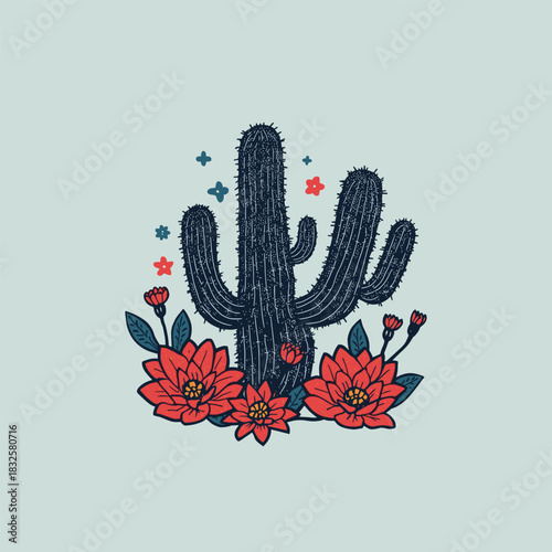 Wallpaper Mural Vintage Desert Cactus Illustration with Colorful Flowers – Retro Botanical Artwork Torontodigital.ca