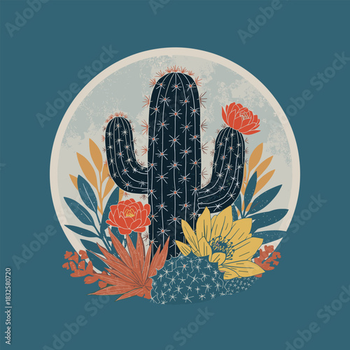 Wallpaper Mural Vintage Desert Cactus Illustration with Colorful Flowers – Retro Botanical Artwork Torontodigital.ca