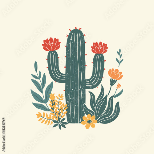 Wallpaper Mural Vintage Desert Cactus Illustration with Colorful Flowers – Retro Botanical Artwork Torontodigital.ca