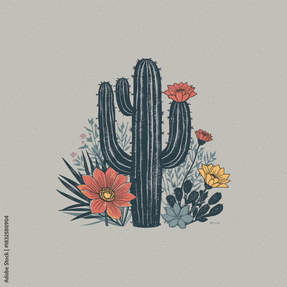 custom made wallpaper toronto digitalCute Floral Cactus Illustration with Desert Flowers – Hand-Drawn Botanical Design