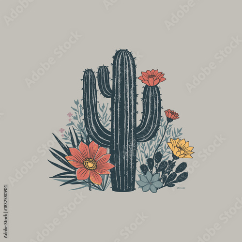 Wallpaper Mural Cute Floral Cactus Illustration with Desert Flowers – Hand-Drawn Botanical Design Torontodigital.ca