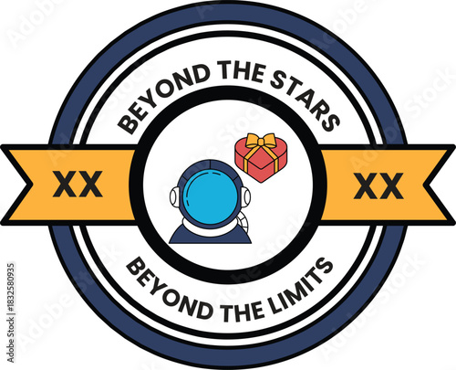 A sticker with a man in a space suit and a red heart