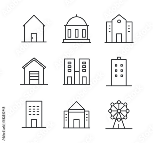 Buildings line editable stroke icons set. Vector illustration