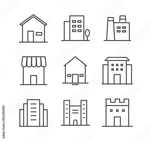 Buildings line editable stroke icons set. Vector illustration