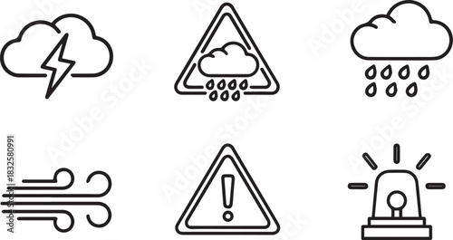 Six Black and White Weather and Warning Icons symbol