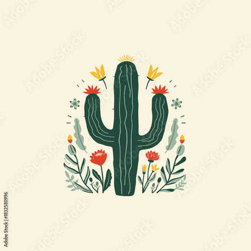 Wallpaper Mural Cute Floral Cactus Illustration with Desert Flowers – Hand-Drawn Botanical Design Torontodigital.ca