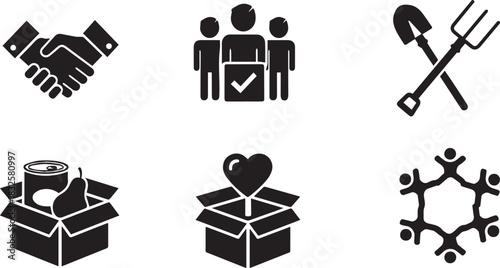 Set of six black icons representing charity and teamwork