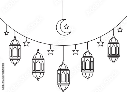Ramadan Mubarak outline illustration with lanterns stars and moon design