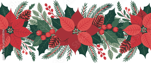 Red poinsettias green leaves pine cones and berries border