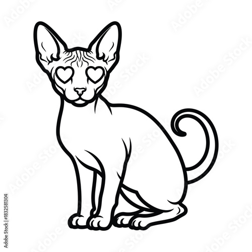 Whimsical line art illustration of a sphinx cat with heart shaped eyes