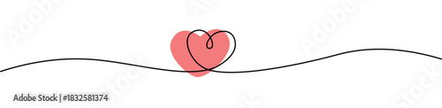 Happy Valentine's day banner with heart in continuous one line drawing and red filled hearts. Trendy minimal banner design. Romantic symbol for Valentines card in simple liner style. Editable stroke