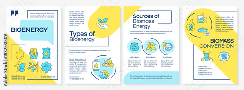 Bioenergy blue and yellow brochure layout. Ecofriendly fuel, organic materials. Leaflet advertising design with color line icons. Editable 4 pages. Questrial, Lato-Regular fonts used