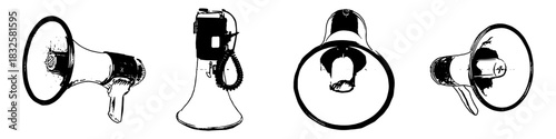 Set Black and White Megaphone Silhouette Vector Ideal for announcement, loud communication, marketing, and protest graphics. Symbolizes volume, public speaking, and message amplification.