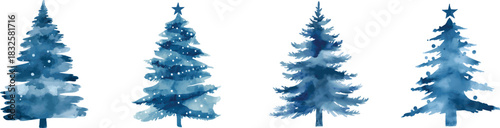 Hand drawn watercolor set of blue monochrome Christmas tree composition. Illustration isolated on white background. Can be used for postcard, label and other printed products