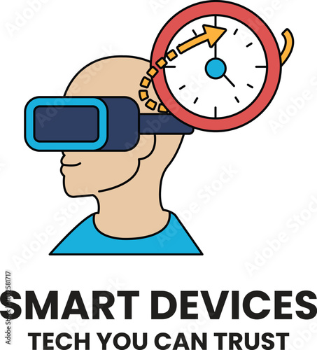 A man wearing a virtual reality headset with a clock on his head