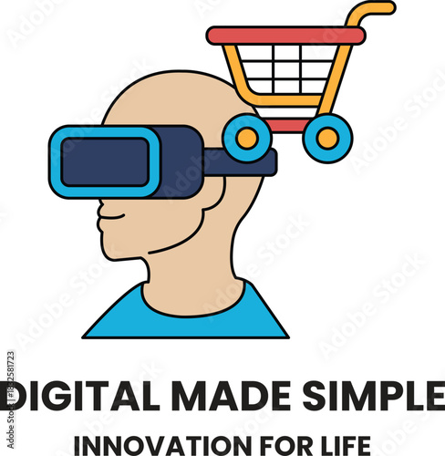 A man wearing a virtual reality headset is standing next to a shopping cart