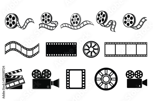 Film Reel, Movie Filmstrip, and Vintage Cinema Icon Vector Set