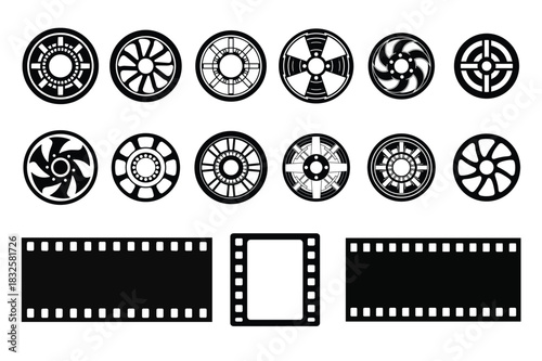 Vintage Film Reel Icons and Movie Filmstrip Vector Set
