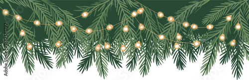 Green pine branches with string lights border vector