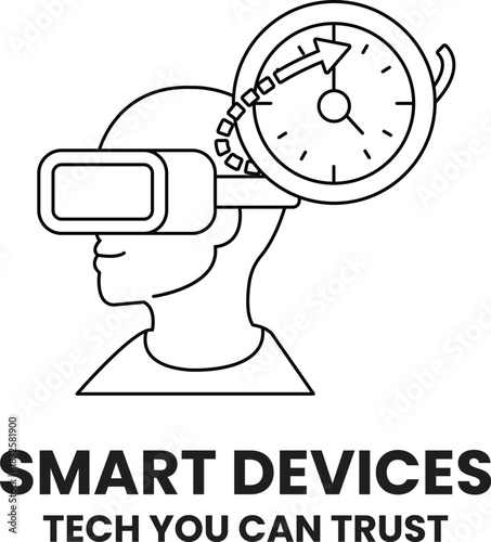 A man wearing a virtual reality headset with a clock on his head