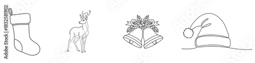Vector set of festive winter images: Christmas monochrome images including a stocking for gifts, a reindeer, two bells with decorations, and a Santa hat