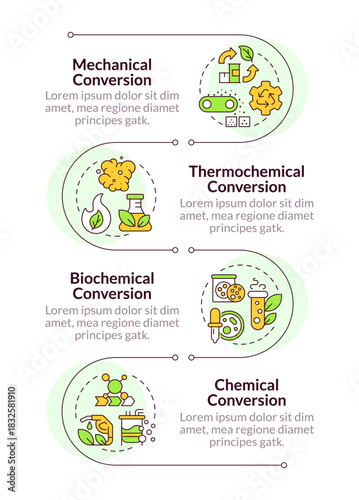 Biomass conversion technology infographic vertical sequence. Organic materials. Visualization infochart with 4 steps. Circles workflow. Montserrat SemiBold, Lato Regular fonts used