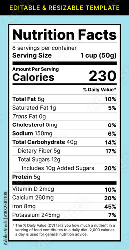 Nutrition label, facts nutrition, nutrition facts, supplements nutrition, nutrition health. Editable template vector.