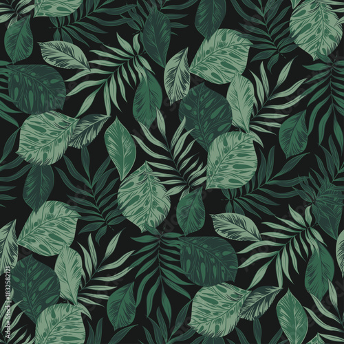 topical leaves seamless pattern on black  background
