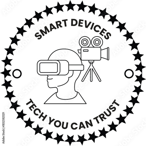 A man wearing a virtual reality headset is standing next to a camera