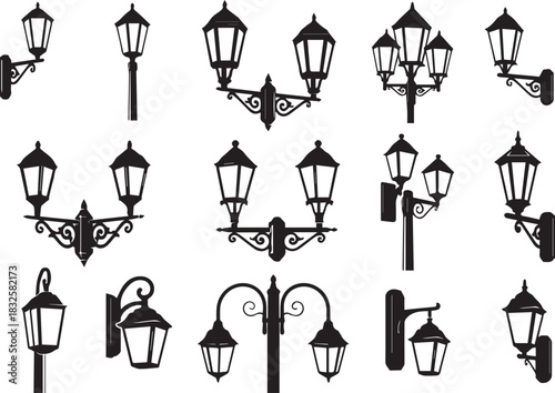 Collection of vintage street light design vector illustration on white background