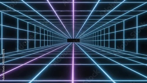Futuristic neon grid with shifting glitch artifacts, pixel noise, and luminous cyberpunk patterns forming an immersive digital backdrop