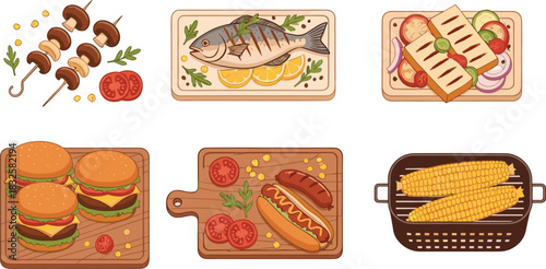 Flat Vector Collection of Barbecue and Grilling Foods Including Hamburgers, Sausages, Grilled Fish, Skewers, and Corn on the Cob for Summer Cookouts.