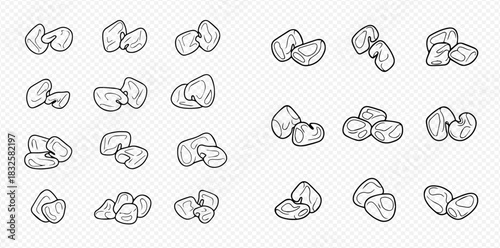 Set of hand drawn cashew nuts in various arrangements, line art illustration on transparent background.