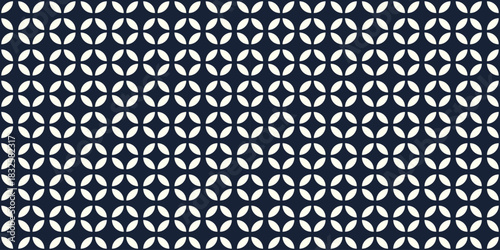 Seamless vector pattern geometric circle overlapping petal shape optical abstract navy white minimal retro textile wallpaper decorative repeat stylish background modern symmetry graphic design