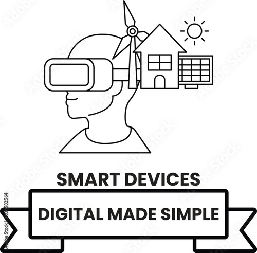 A man wearing a virtual reality headset is surrounded by a house, a windmill