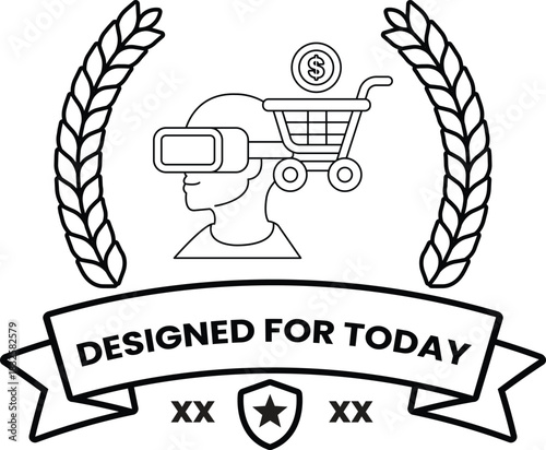 A man wearing a virtual reality headset is standing next to a shopping cart