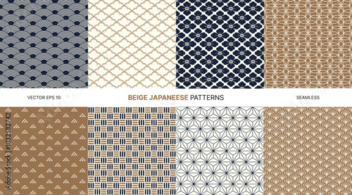 Seamless vector patterns with traditional Japanese geometric motifs, beige navy gold colors, wave scales flowers lattice lines, oriental decorative textile wallpaper background design set