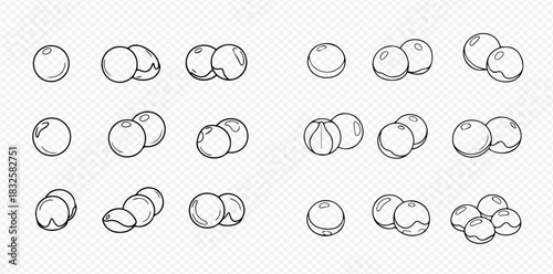 Outline drawings of blueberries in various groupings, featuring single, paired, and clustered berries in a minimalist line art style.
