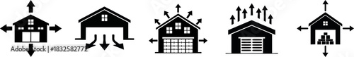 Warehouse and Inventory Distribution Silhouette. Five black icons representing various garage door mechanisms and movements, showcasing functional designs for home garages.