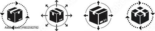 E-commerce Distribution and Order Flow Silhouette. Four stylized icons of boxes indicating movement and direction, often used in logistics and delivery contexts.