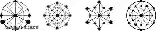 Network Node Distribution Silhouette. Abstract geometric designs featuring interconnected nodes and lines, showcasing a blend of symmetry and complexity.