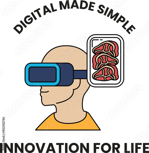 A man wearing a virtual reality headset is holding a tray of meat