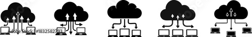 Digital Cloud Data Distribution Silhouette. A series of cloud icons representing data upload, download, and sharing between computers in a networked environment.