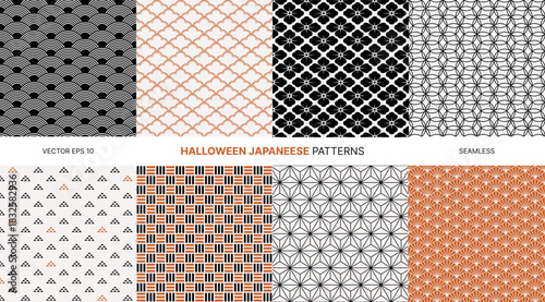 Seamless patterns with Halloween Japanese traditional geometric shapes, waves, scales, flowers, triangles, lattice in orange, black, white color palette for textile, wallpaper, wrapping and decoration