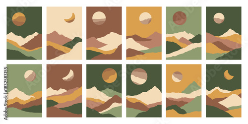 Set of vertical posters with silhouettes of mountain landscapes in flat style. Hiking, travel cards. Design element for poster, card, banner. Contemporary design. Futuristic wall art decor. Dunes, sky