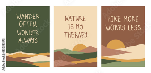 Set vertical cards with quotes and landscapes. Hiking, travel adventure postcards. Hand drawing lettering typography. Dunes, mountains, sky, moon in earth colors. Printable camping posters