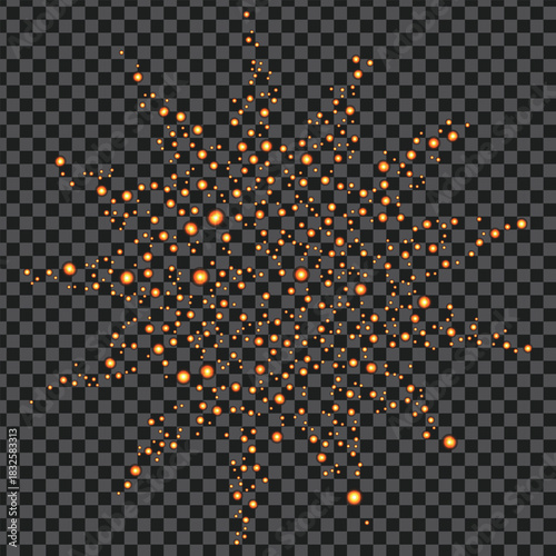 Abstract golden starburst made of numerous glowing particles on a transparent background, depicting a radiant light effect.
