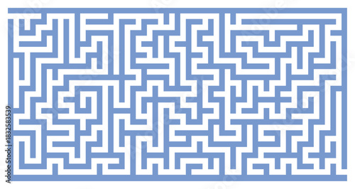 Blue vector maze in horizontal orientation with transparent background. Complex abstract labyrinth puzzle with hard paths, twists, turns, mind game, logic design for creative challenge template