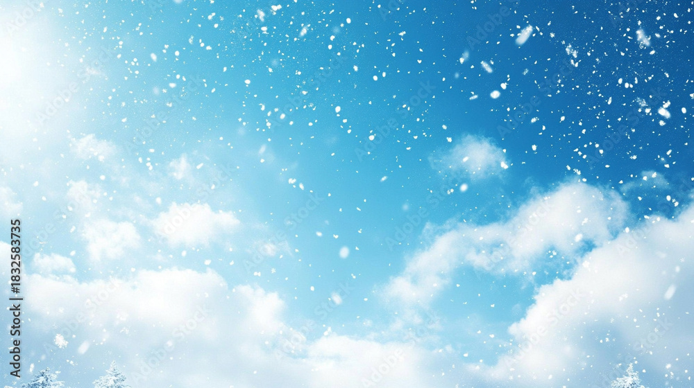 Fototapeta premium Gentle snowfall against a clear blue winter sky, evoking calm, serenity, purity, and seasonal beauty, capturing the quiet magic and peaceful atmosphere of a crisp winter day.