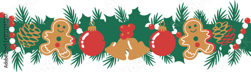 Christmas garland with gingerbread man pinecone and baubles